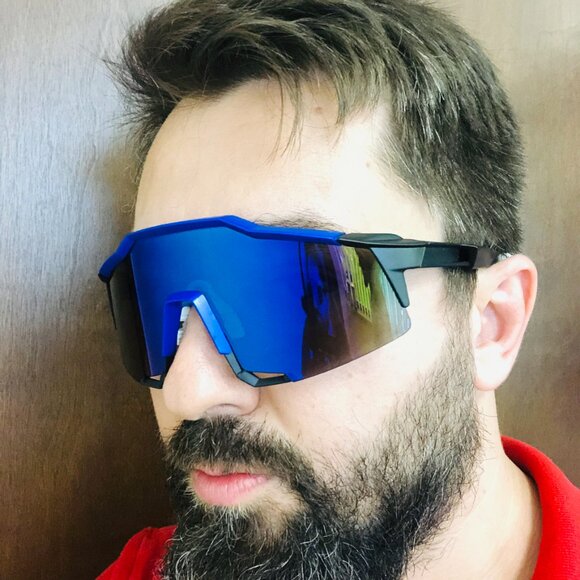 Men Sunglasses Blue Mirror Single One Piece Lens Oversize Wrap‎ Around Gafas New - Picture 1 of 4